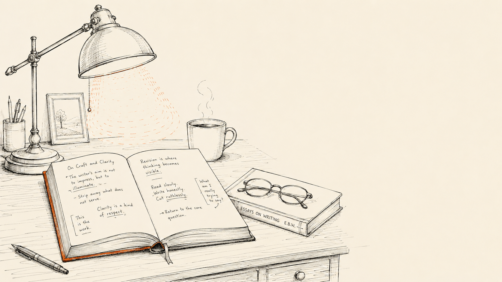 An editorial line-art illustration of a study desk: open notebook with handwritten margin notes, a brass desk lamp casting a warm sienna pool of light, a small ceramic coffee cup with a thin steam line, reading glasses resting on a closed hardback book.