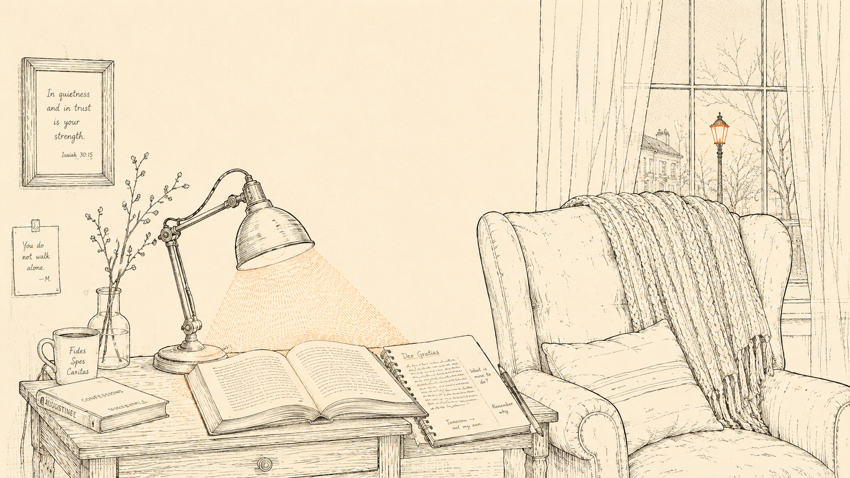 An editorial line-art illustration of a late-evening reading scene. A worn reading chair beside a small wooden side table holds a brass desk lamp casting a warm sienna pool of light onto an open book. A notebook with handwritten margin notes rests open beside the book. A folded knit blanket drapes over the chair. Through a window in the background, a single bright streetlamp glows softly through warm gauze curtains, hinting at evening. A small framed quote and a handwritten note hang on the wall.